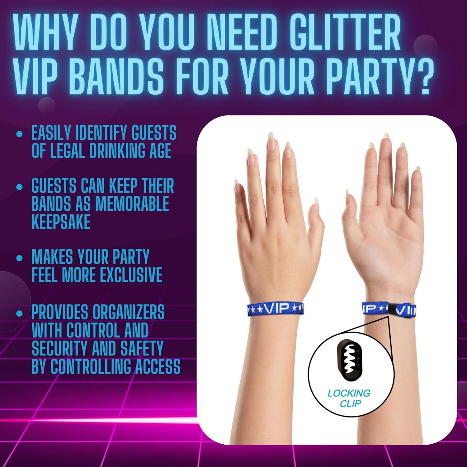 100 Pack Blue Glitter VIP Party Wristbands with Secure Locking Clip. Must Have A