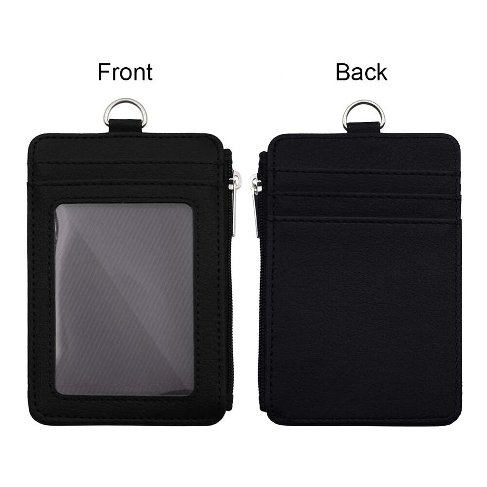 Leather ID Card Holder Vertical badge Wallet Multiple Slots Neck Strap Lanyard