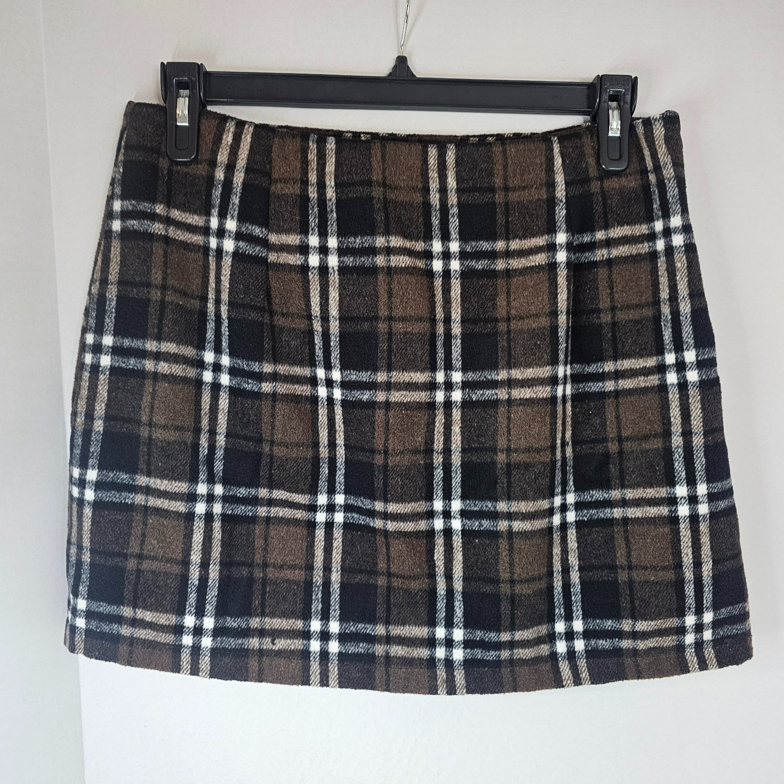 Women Plaid Mini Skirt Brown Black Wool Blend Autumn Size L Side Zip