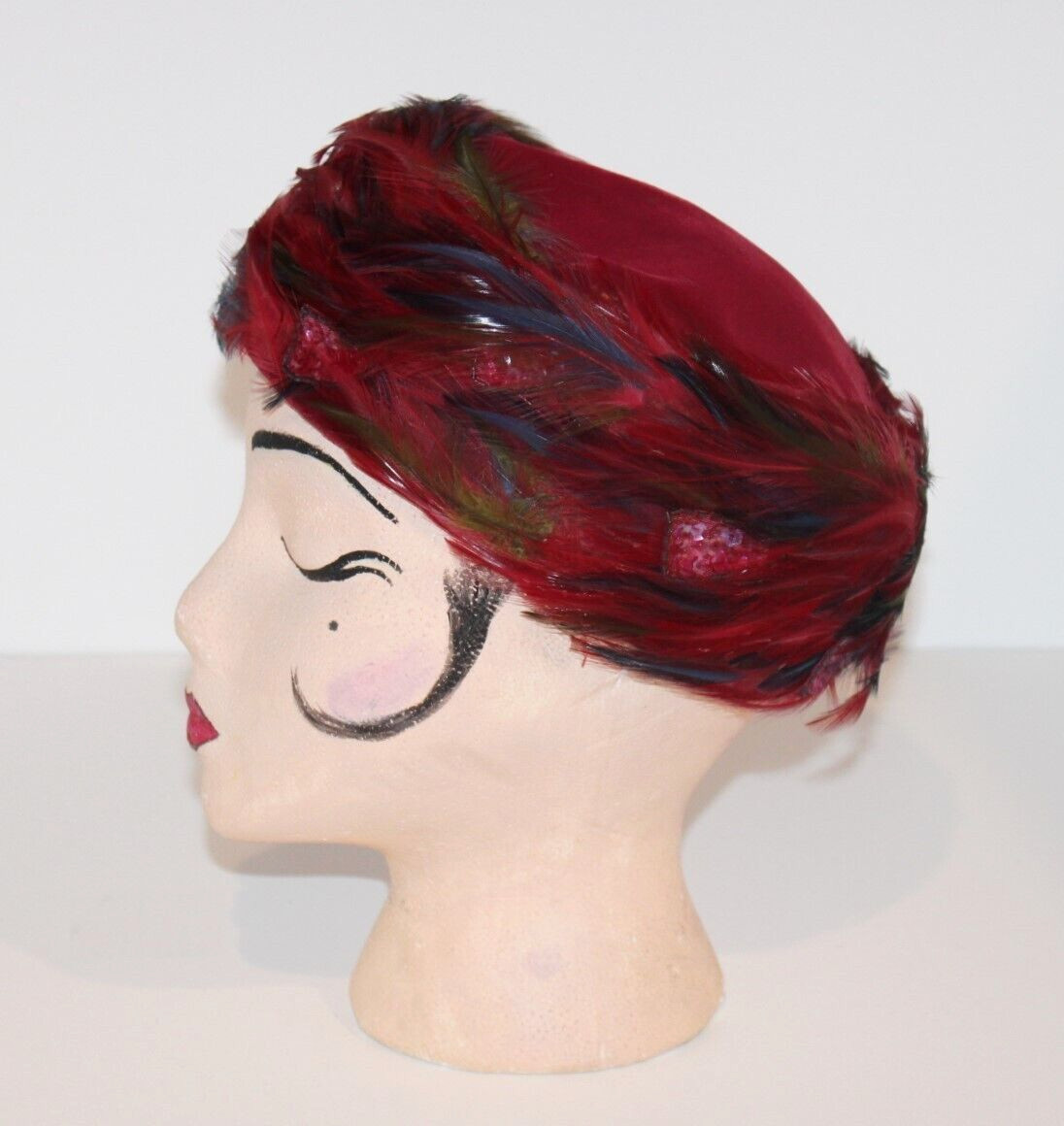 VTG Modern Miss Feather Pillbox Hat Velvet Multi-Color Cranberry Sequin Women's