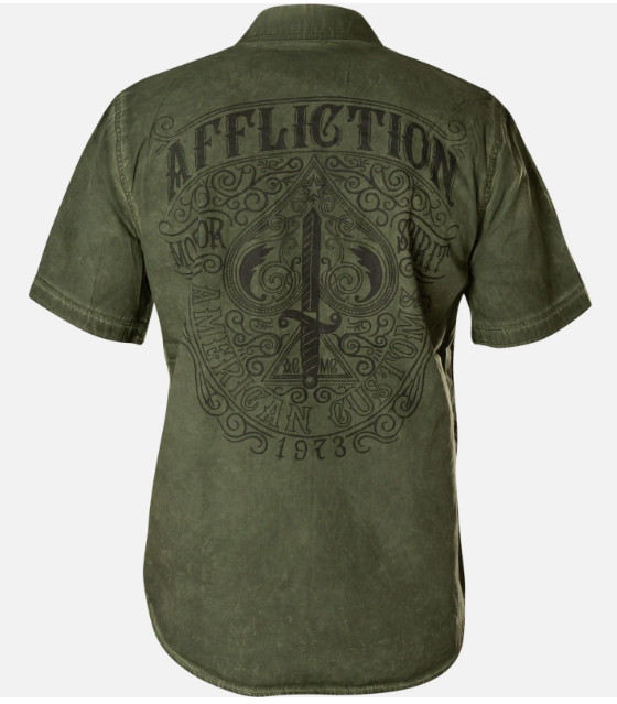 $88 AFFLICTION Green THRUTCH Short Sleeve BUTTON DOWN SHIRT T-shirt MENS NWT