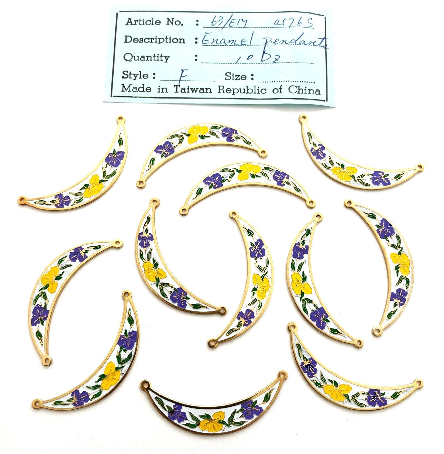 12 Vintage Yellow Purple Flowers White Crescent 2-Loop Connector Pendants 5190P