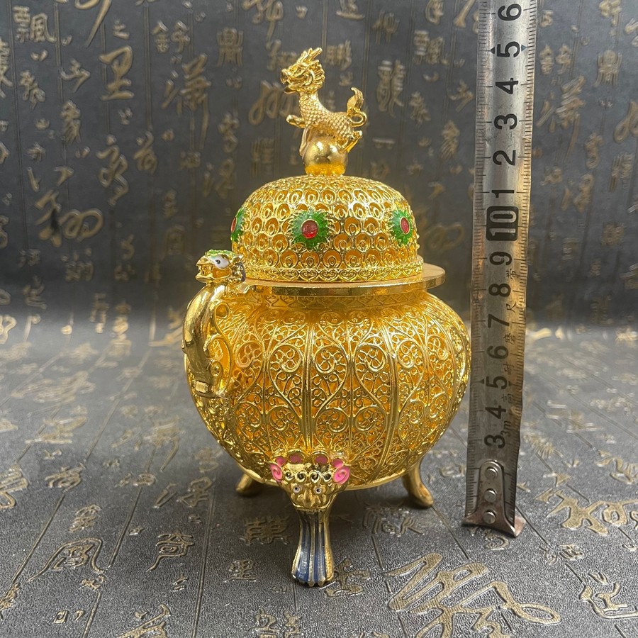 Old Chinese Bronze Tripod Kirin Censer Filigree Openwork Incense Burner