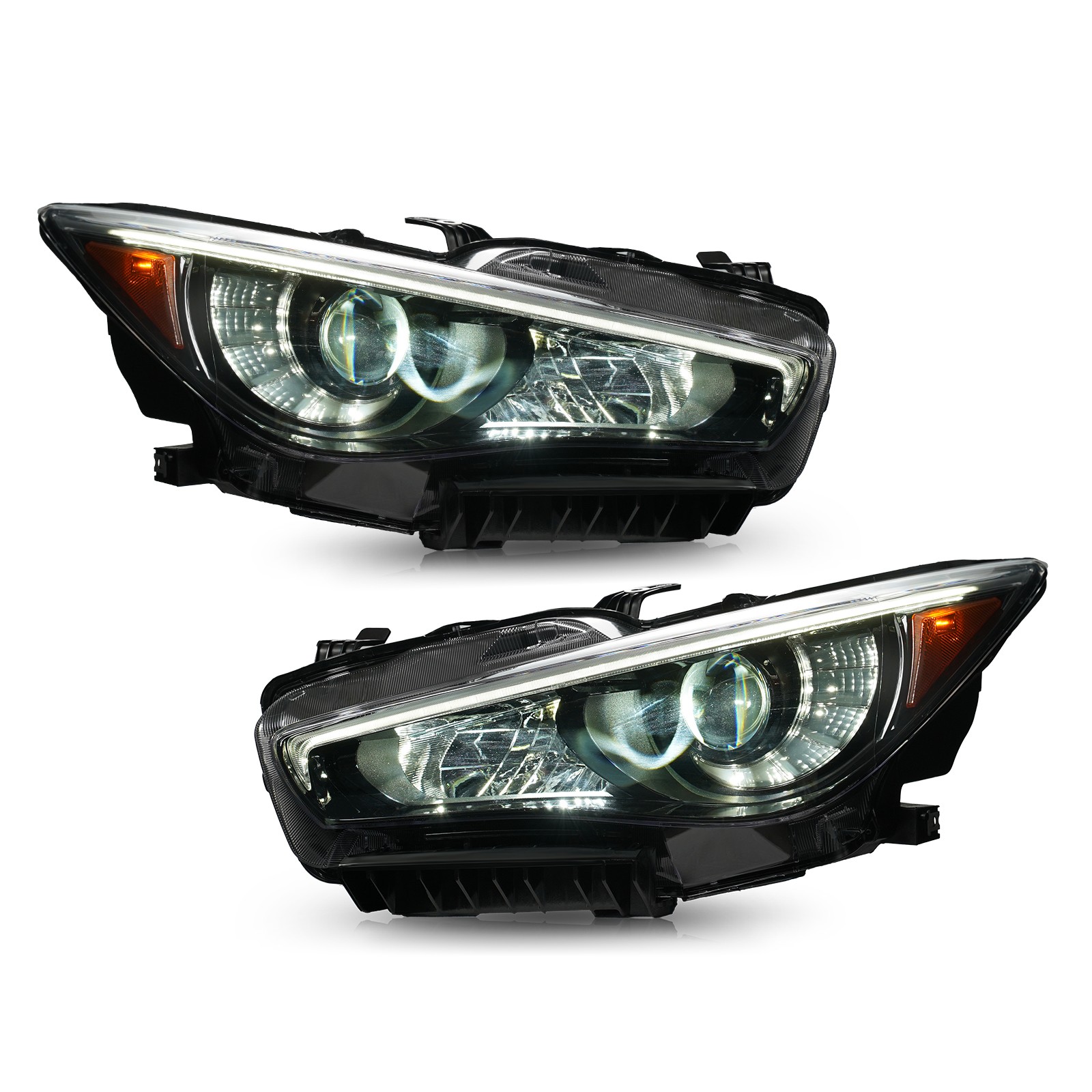 JDM Upgrade LED Headlights For 2014-2022 Infiniti Q50 Black w/o AFS Left+Right
