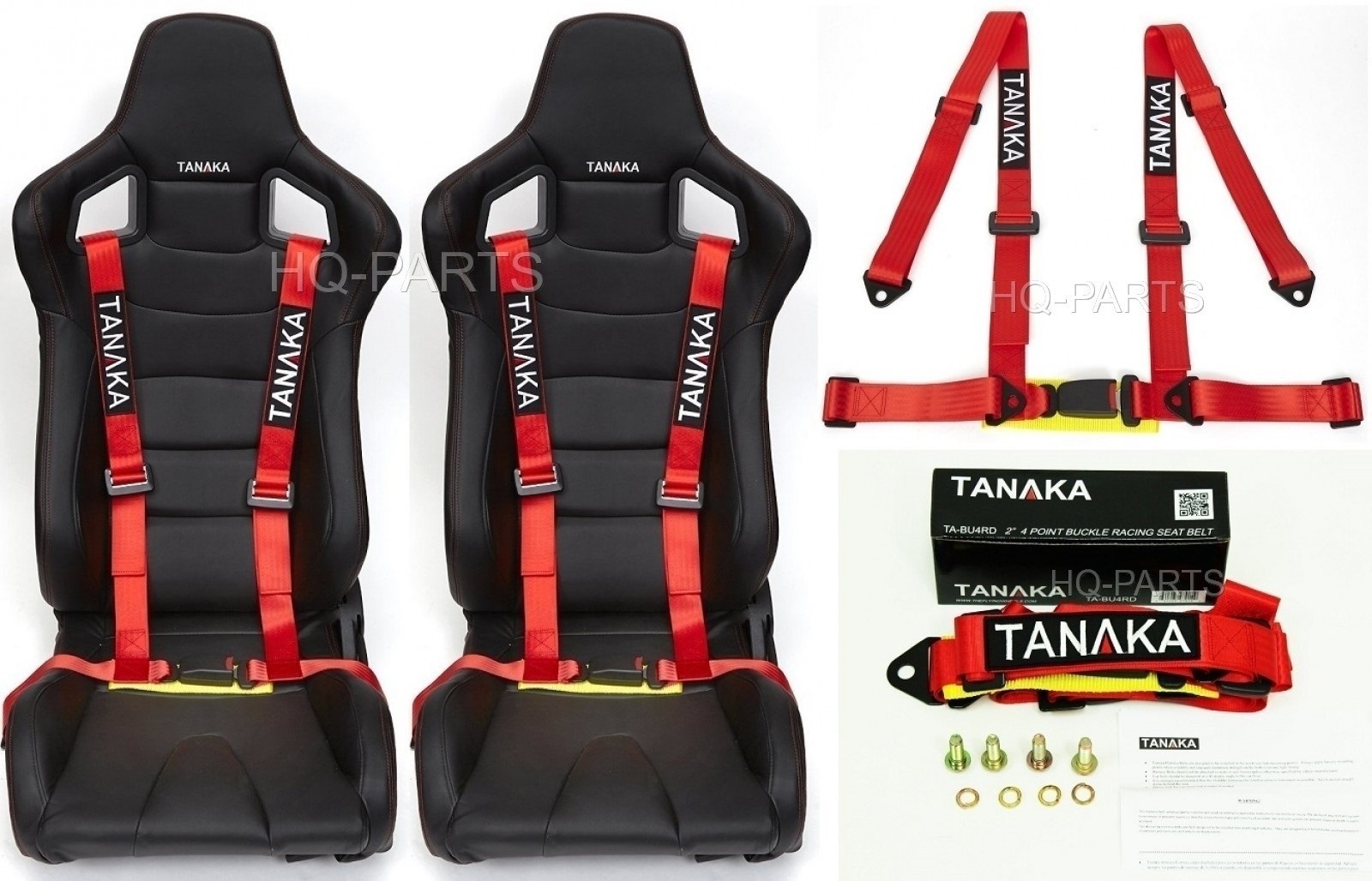 2 X TANAKA UNIVERSAL RED 4 POINT BUCKLE RACING SEAT BELT HARNESS