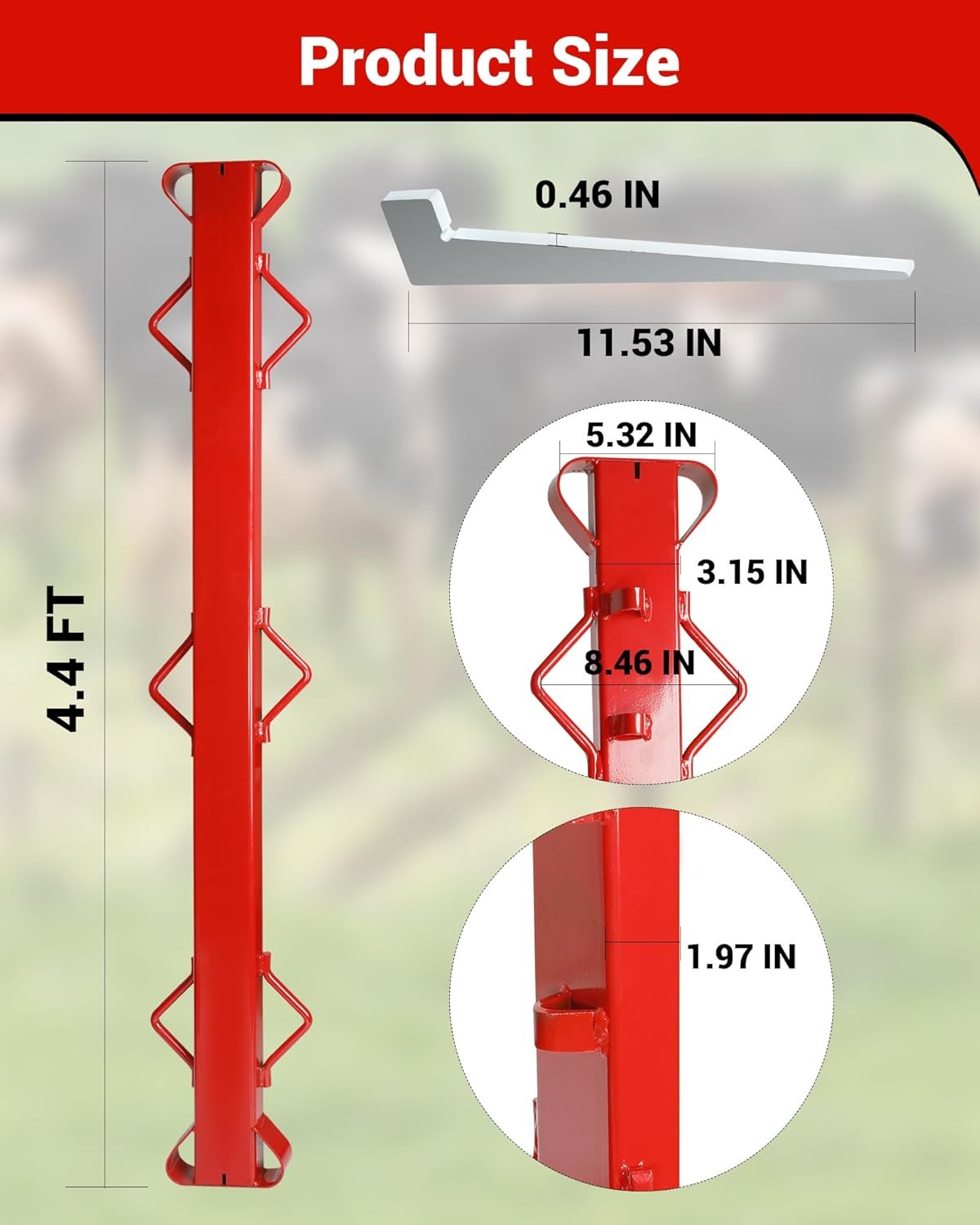 4Ft Woven Wire Fence Stretcher Bar with 5 Wedges, Red Fence Stretcher Tool Steel