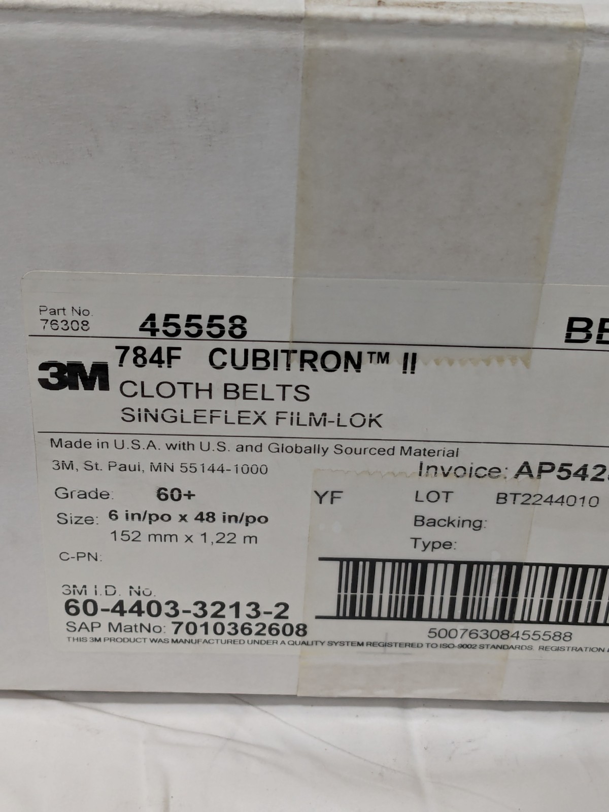 3M Abrasive Belt: 6" Wide, 48" OAL, 60 Grit, Ceramic Box of 20 7010362608