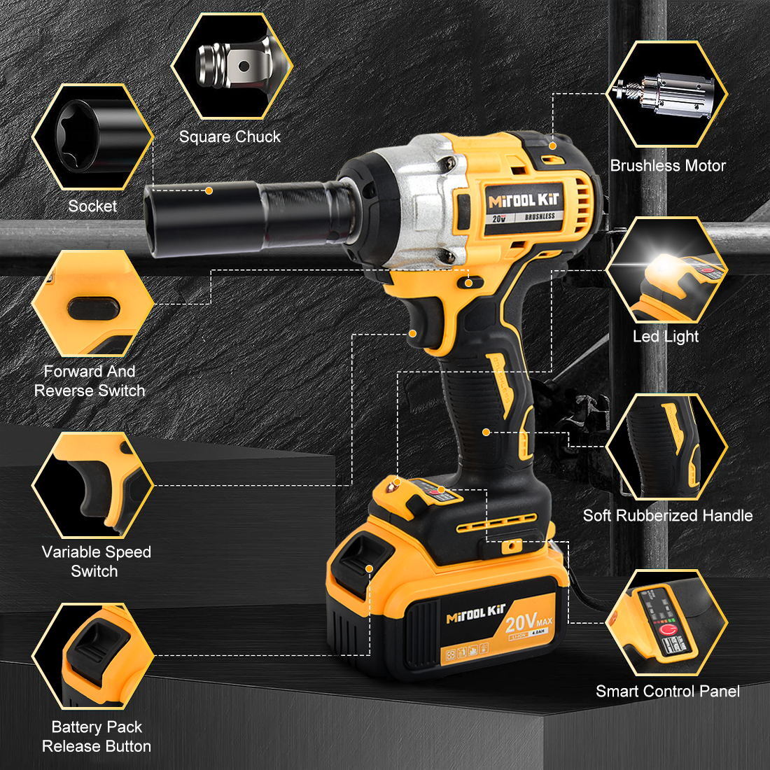 HIGH TORQUE 1/2" IMPACT WRENCH BRUSHLESS CORDLESS BATTERY IMPACT GUN KIT -Yellow