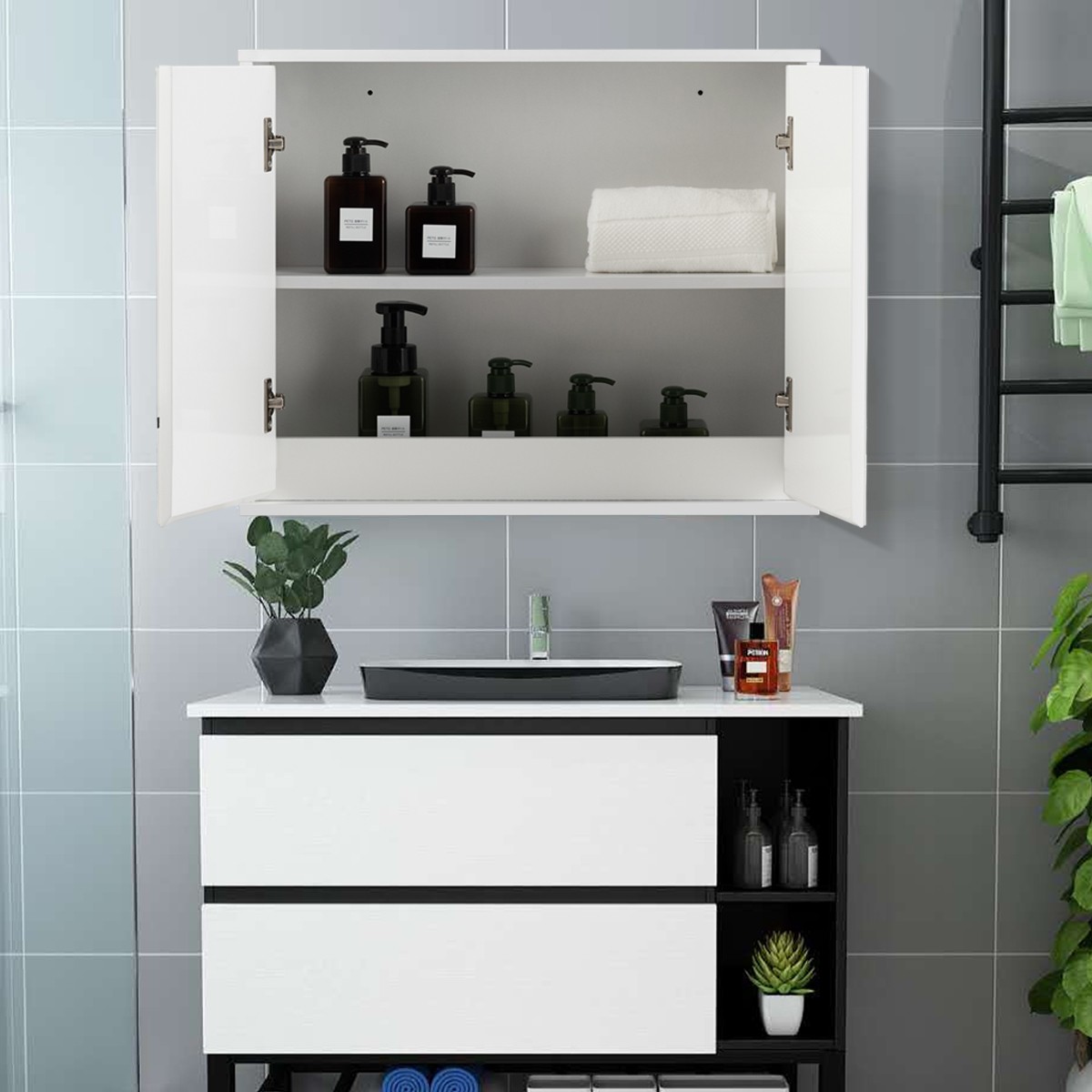 Wall Mounted Bathroom Storage Cabinet Organizer Shelves with Double Mirror Door