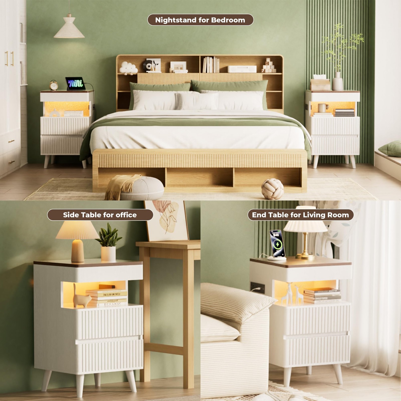 26" Tall Fluted NightStand w/Charging Station & LED Light,with 3 Storage Drawers