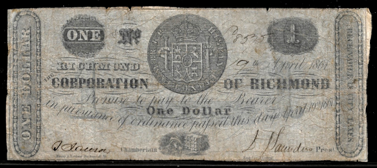 April 19, 1861 Virginia Corporation Of Richmond $1 Dollar Obsolete CSA Banknote