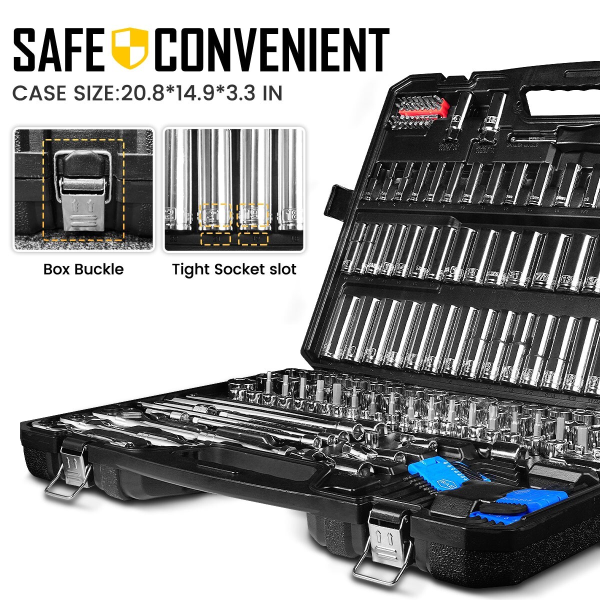 BOEN 225PCS Mechanic Tool Set, 1/4" & 3/8" & 1/2" Drive Socket Wrench Set