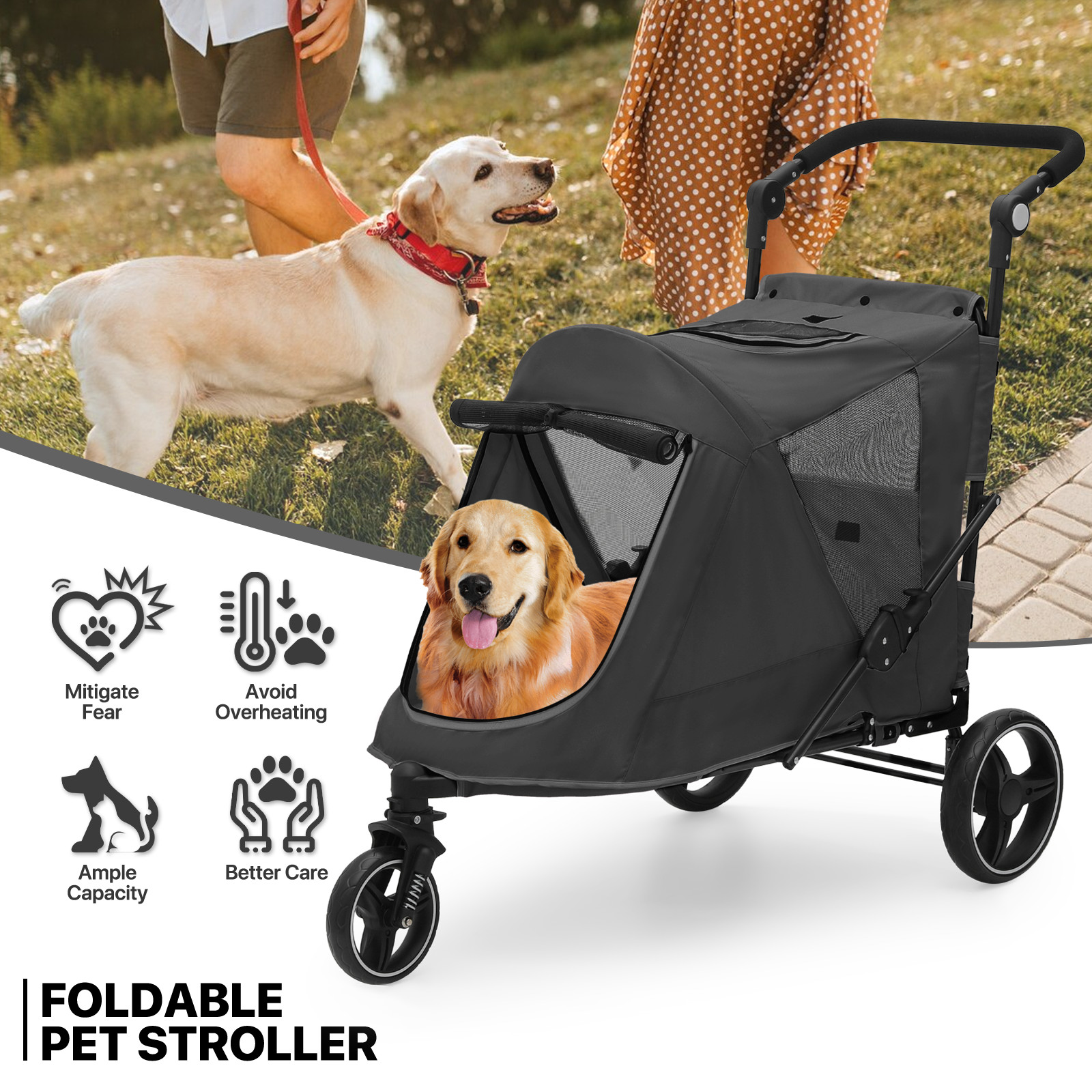 Folding 3-Wheel Dog Stroller Breathable Pet Travel Carrier w/Skylight+Wheel Lock