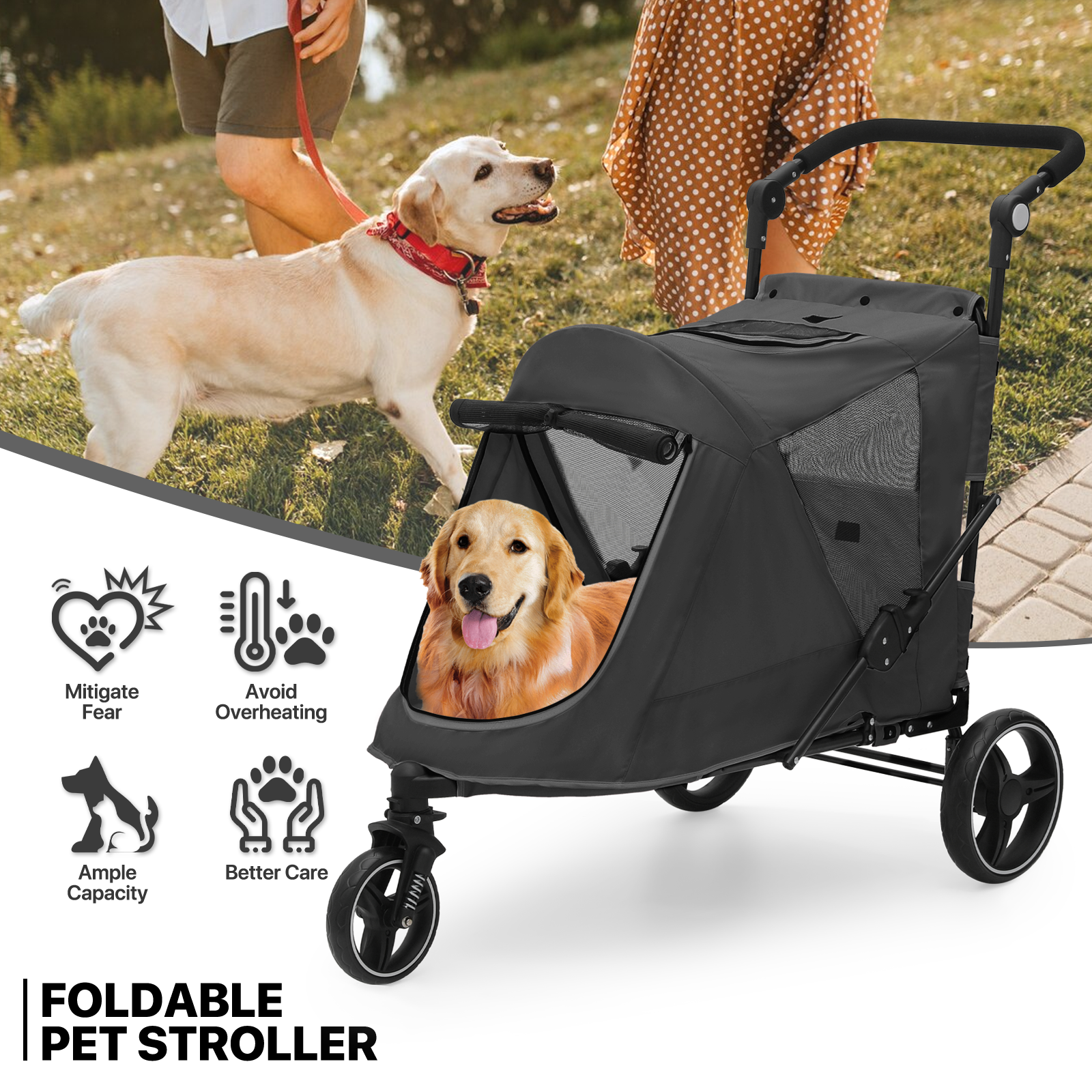 Folding 3-Wheel Dog Stroller Breathable Pet Travel Carrier w/Skylight+Wheel Lock