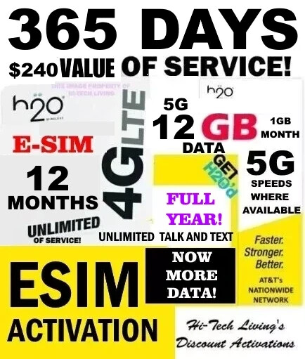 H2O H20 ESIM ACTIVATION 😮 WITH 1 YEAR UNLIMITED SERVICE ⭐ 12 GB 4G/5G DATA
