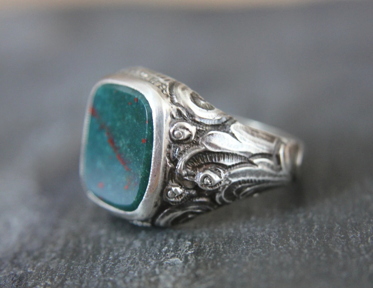 Men’s Bloodstone Ring Sterling Silver Square Signet Vintage Gemstone Jewelry