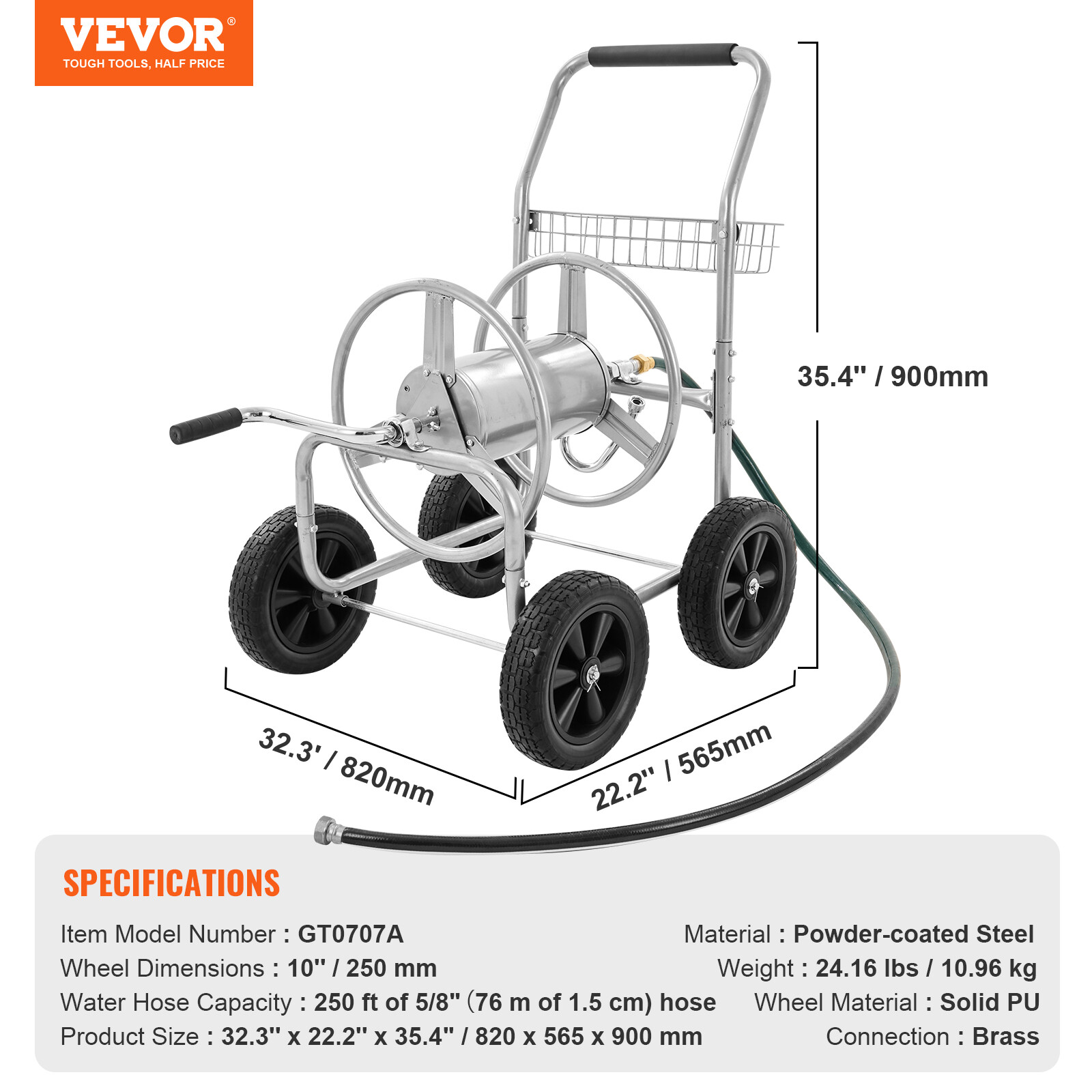 VEVOR Hose Reel Cart 250ft. Heavy Duty Garden Water Yard Planting w/ Basket
