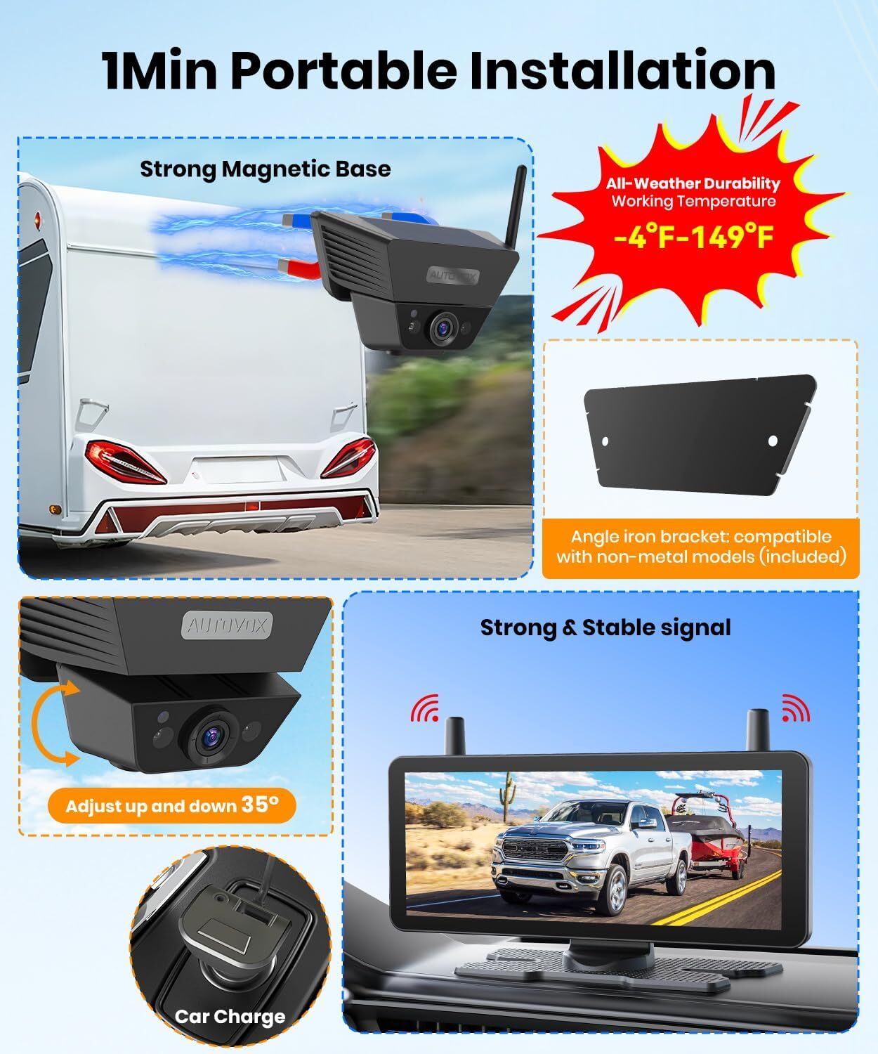 AUTO VOX Magnetic Solar Wireless Backup Camera : 7.2" DVR 1080P 2 Split Monitor
