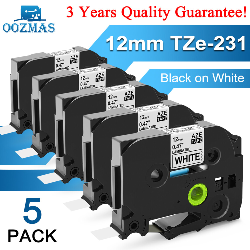 5PK For Brother P-Touch TZe-231 TZ-231 12mm White Standard Laminated Label Tape