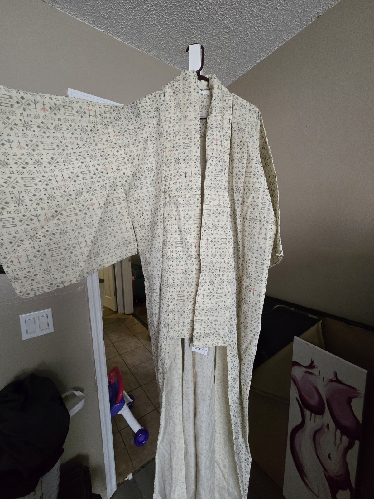 Boro Japanese Old Yukata Kasuri Cotton Beige Floral Used