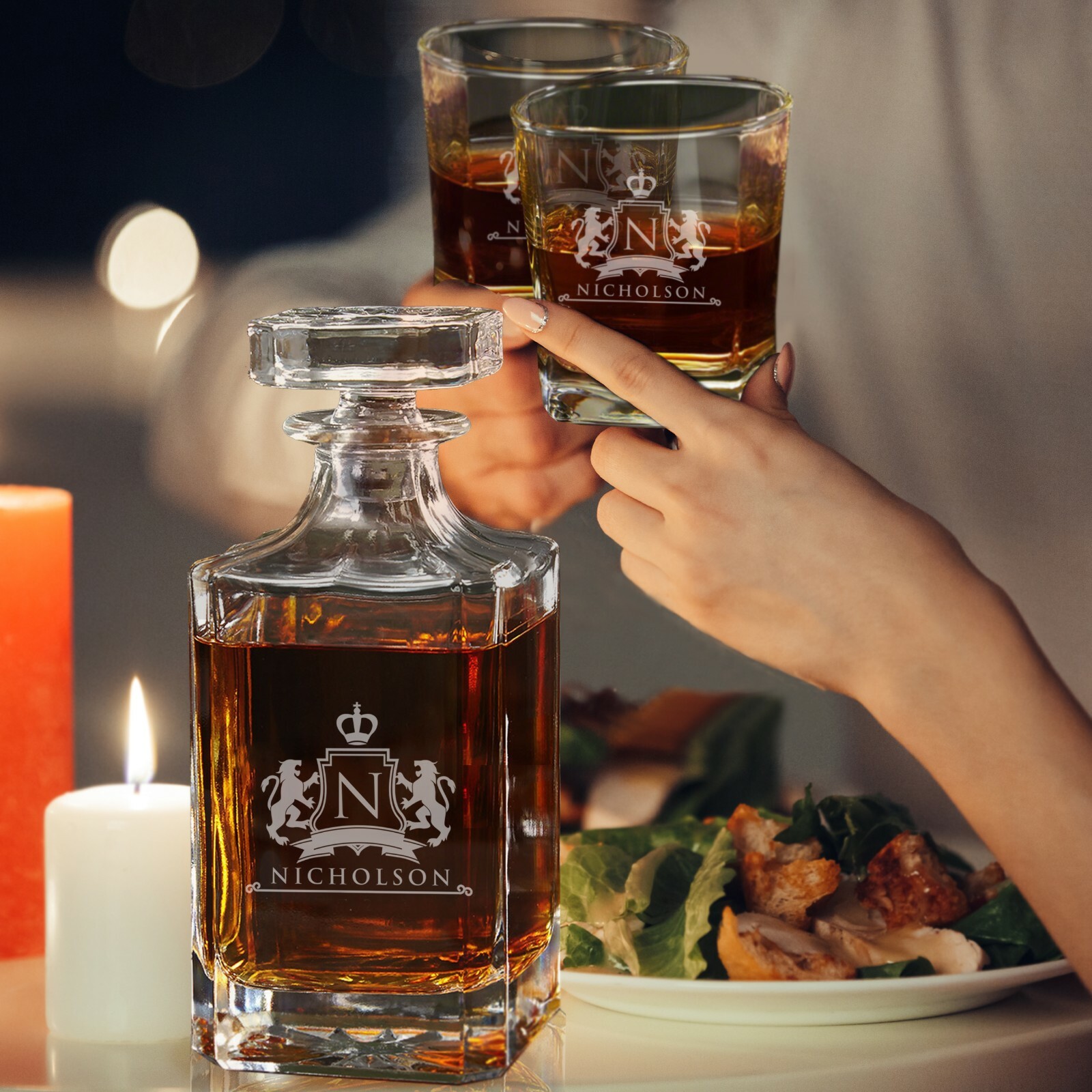 Personalized Whiskey Decanter Set with 2 Matching Glasses
