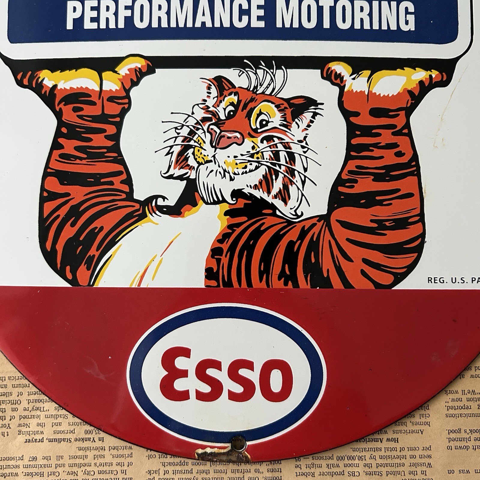 VINTAGE 1962 ESSO TIGER PERFORMANCE MOTORING 12 INCH PORCELAIN ENAMEL SIGN