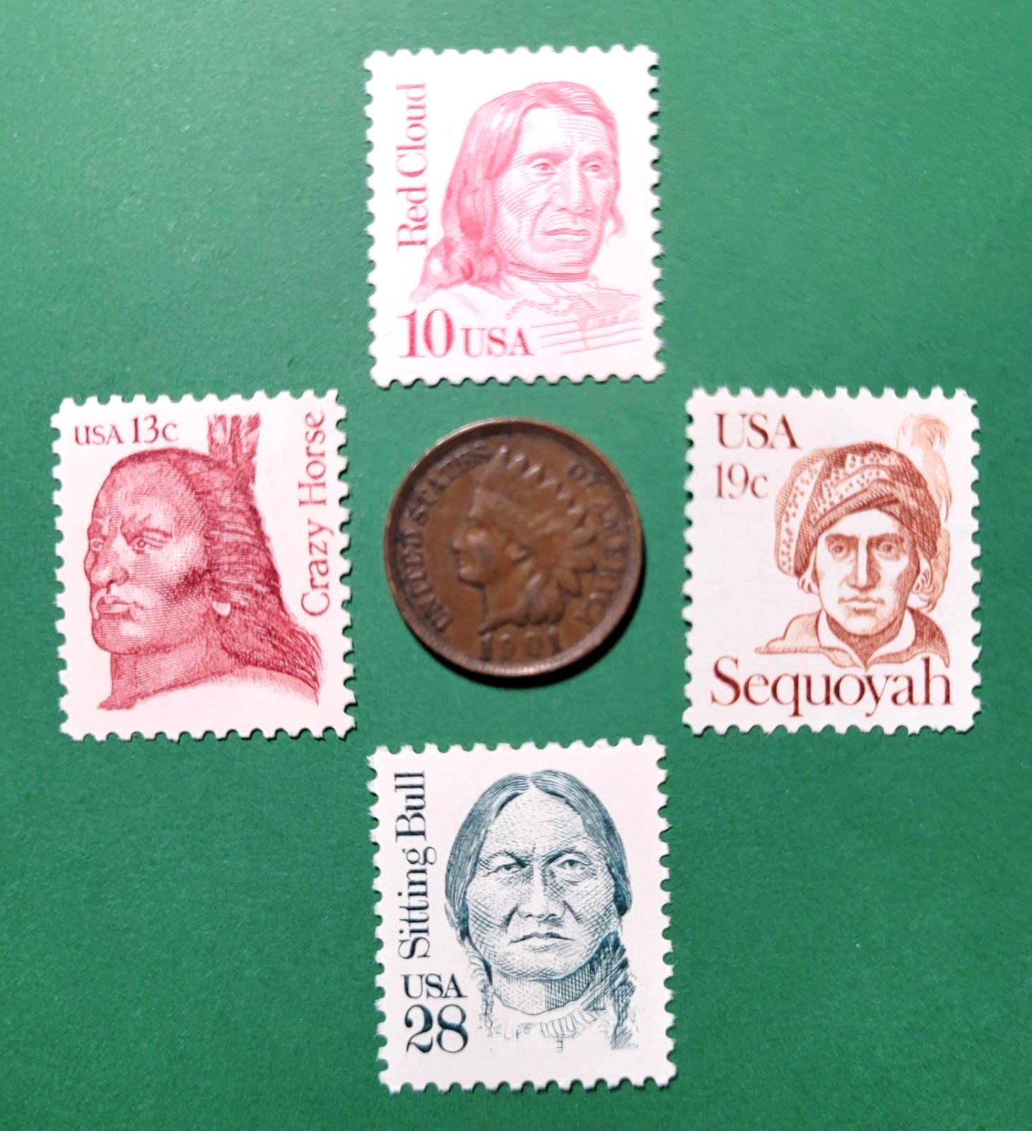 NATIVE AMERICANS - 4 U.S. POSTAGE STAMPS + EARLY 1900's INDIAN HEAD PENNY
