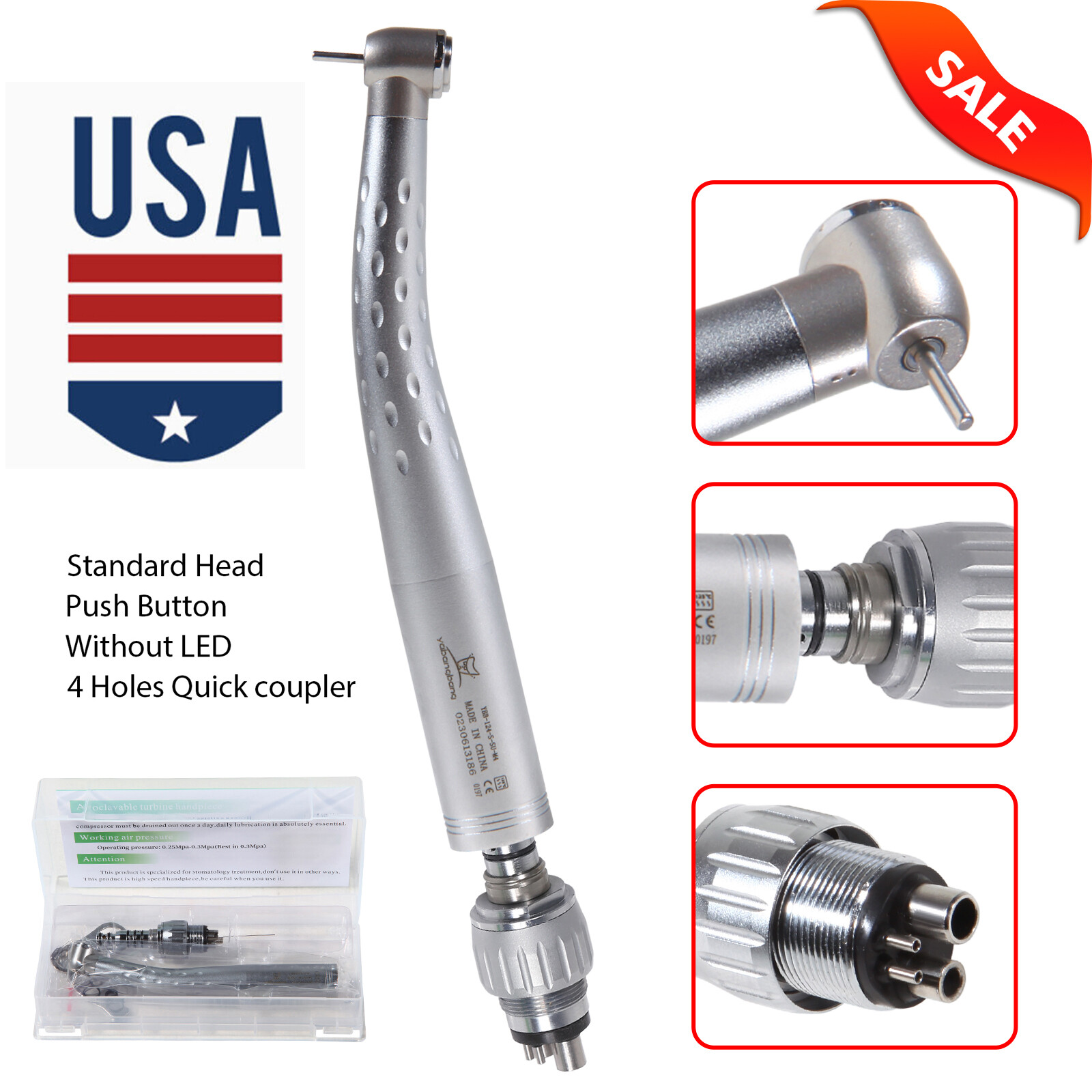10 Pcs Dental High Speed Handpiece Standard Head Push w/ 4 Hole Coupler fit Kavo
