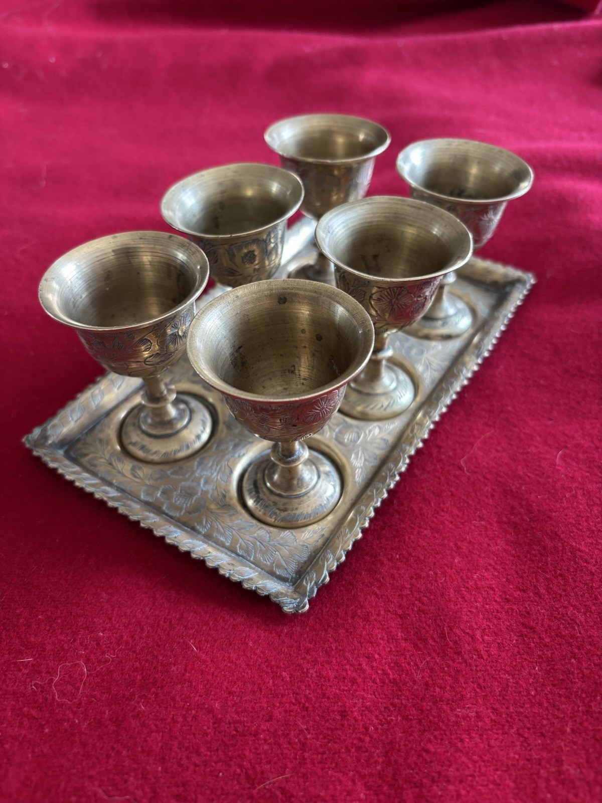Vintage Indian Brass Tray + 6 Etched Mini Goblets Cordial Set Made in India