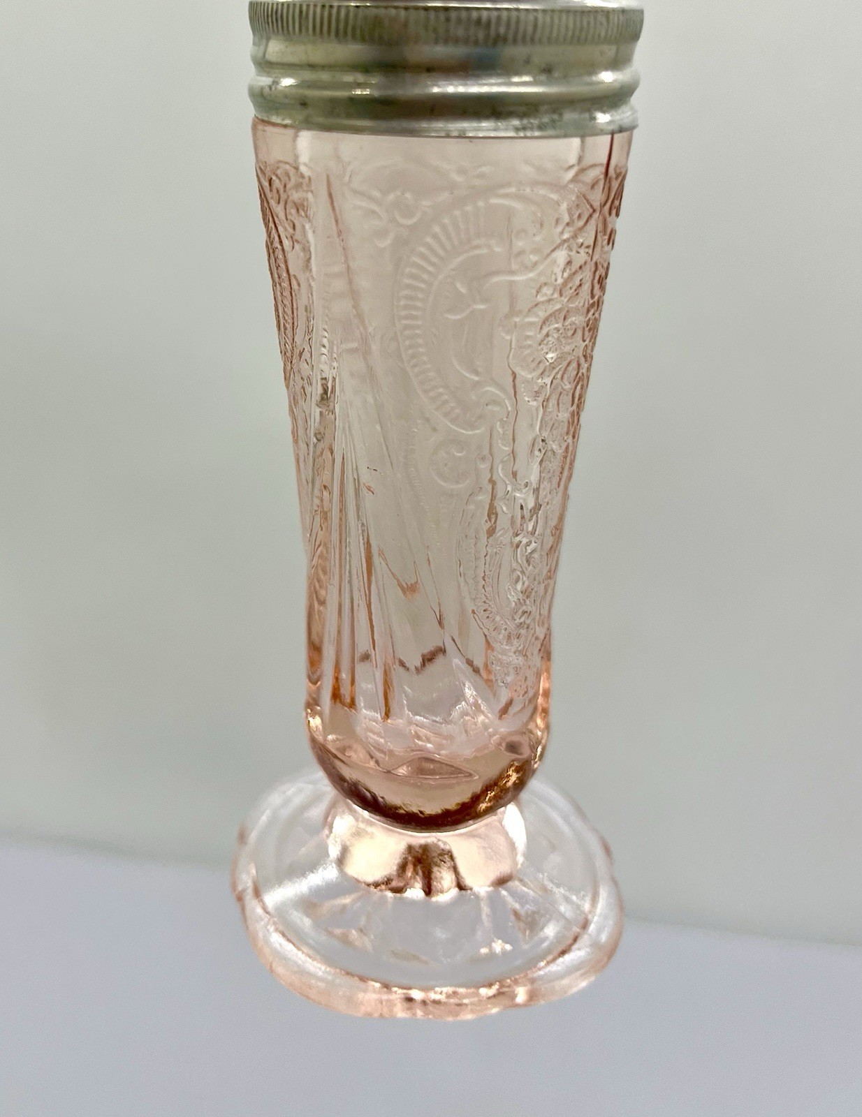 Vintage Pink Depression Glass Footed Salt Pepper Shaker Floral Panel Metal Lid