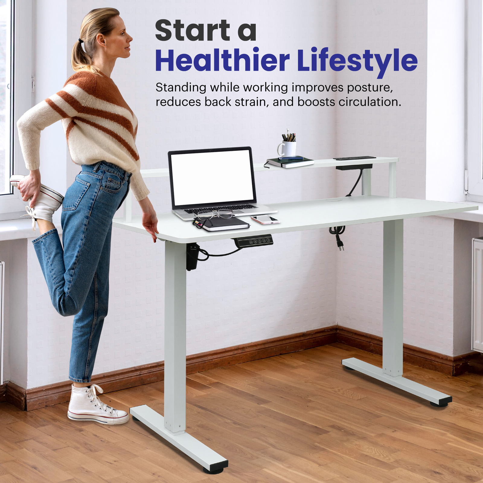 47 x 24 Inch Adjustable Standing Desk Computer Office Table White w/ Power Strip