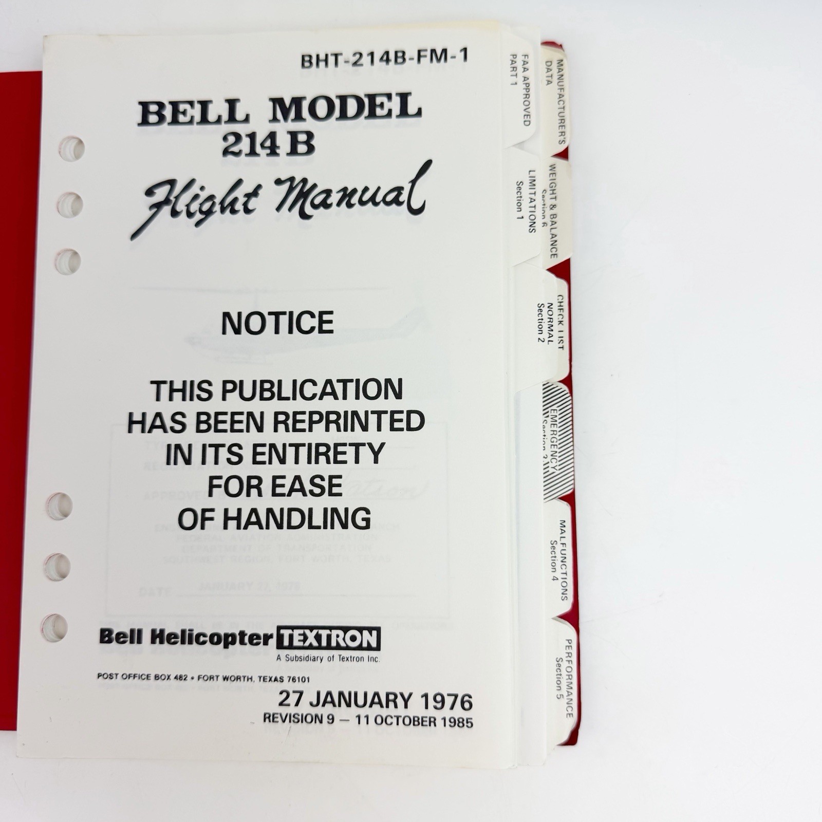 Bell Model 214 B Rotorcraft Flight Manual BHT-214B-FM-1 Jan 27 1976 Helicopter