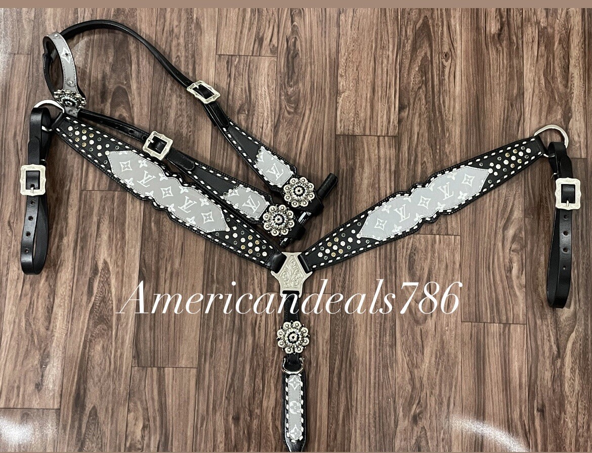 Western Black Leather Bling Tack Set Of Headstall And Breast Collar