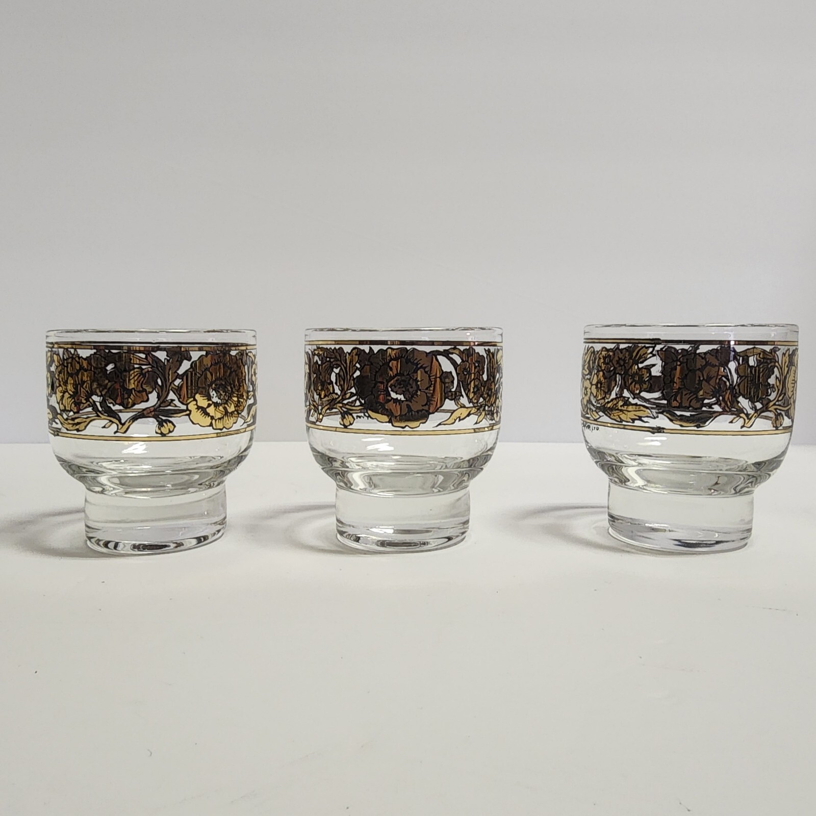 6 Early Culver Gold and Black Rare Chantilly Pattern Footed Cocktail Glasses 50s