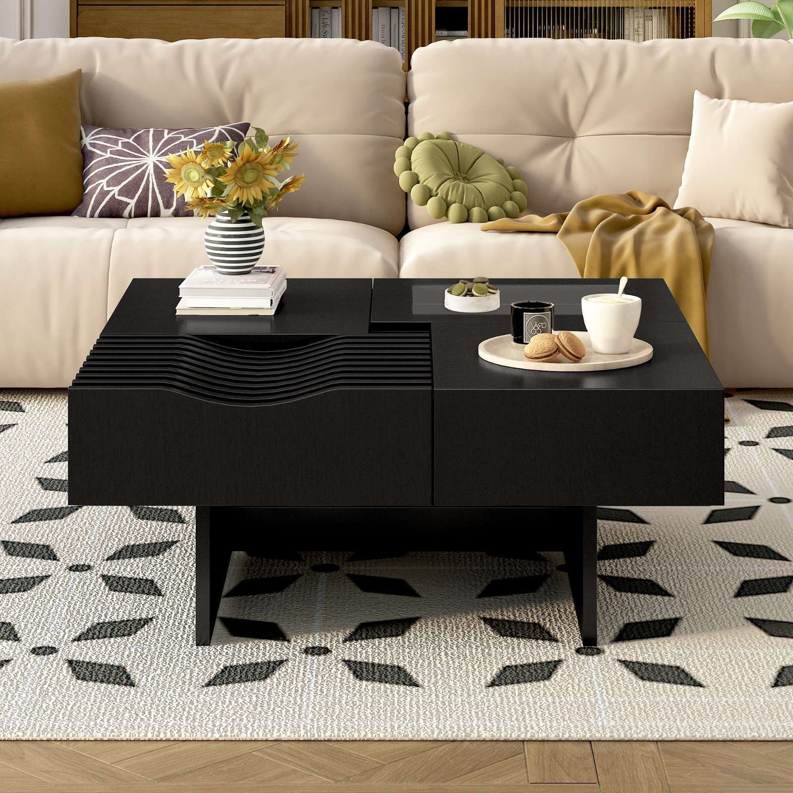 Mid-Century Modern Coffee Table Wooden Square Center Table With Storage Drawers