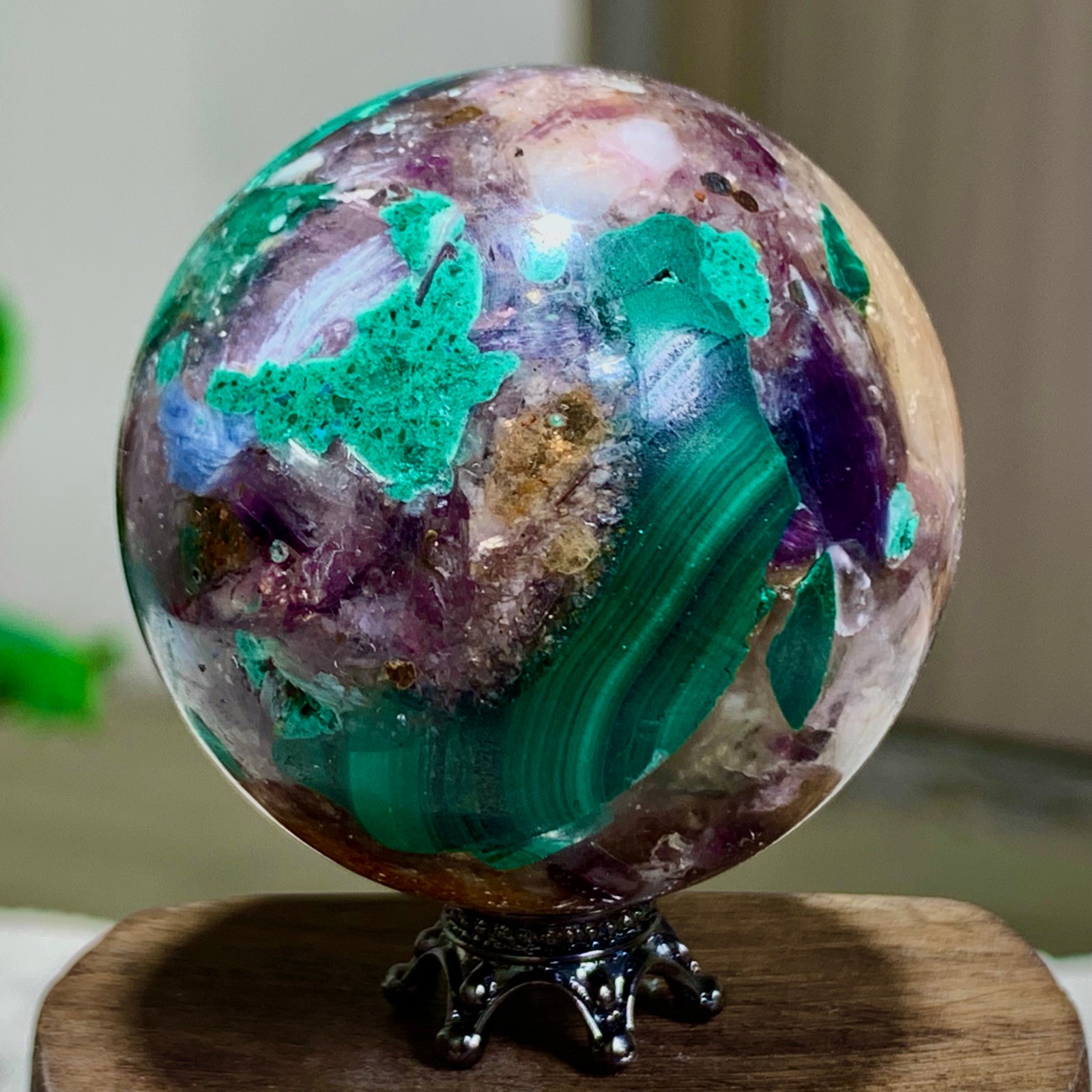 116G Newly discovered rare malachite purple mica symbiotic sphere restoration
