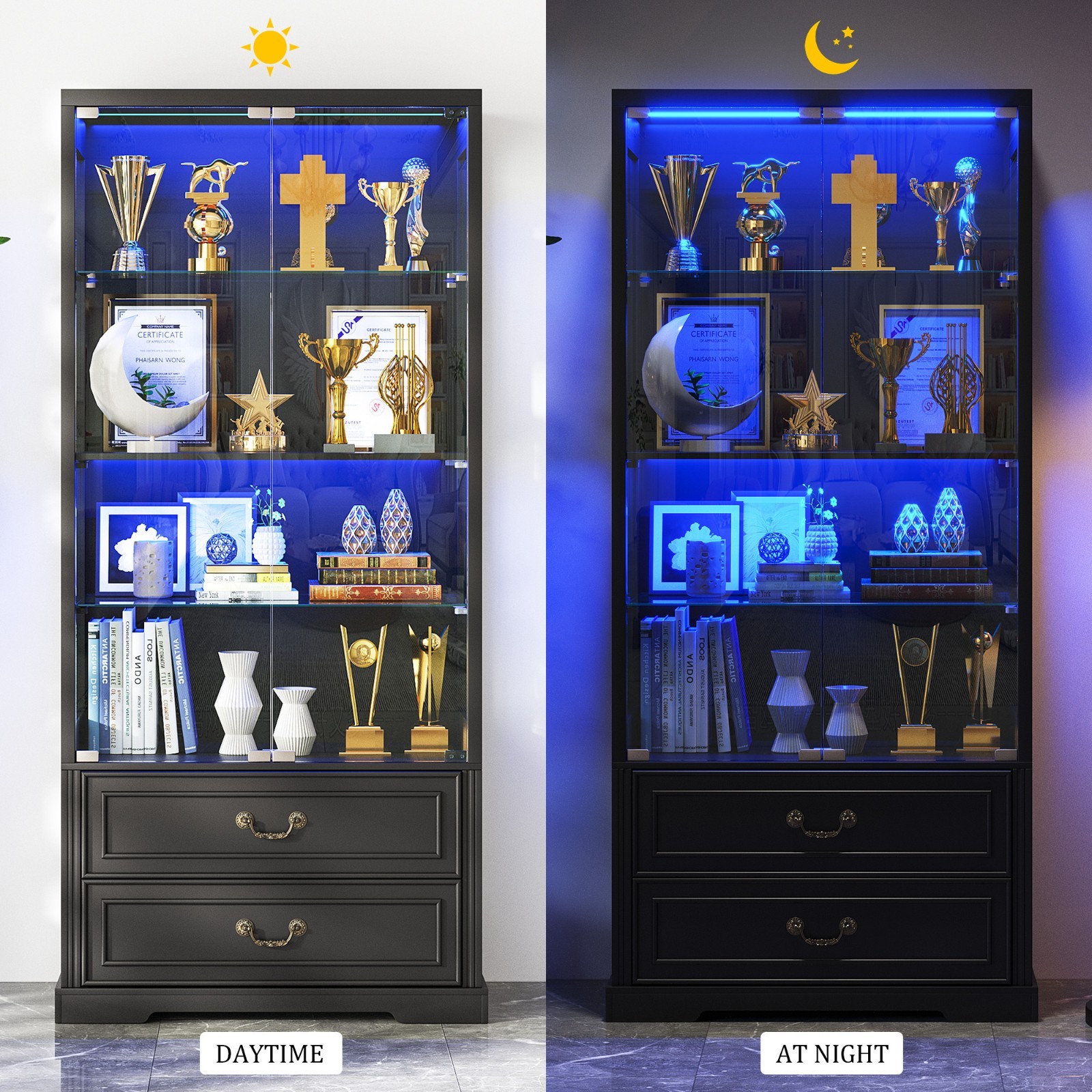 Display Cabinet with Adjustable Glass Shelves & LED RGB Lights for Collectibles