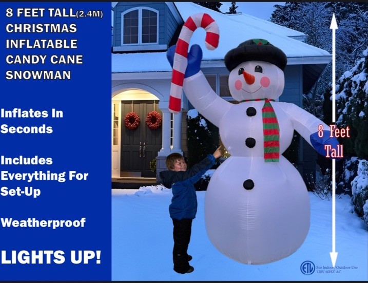 NEW 2025 Christmas Inflatable 8ft Candy-Cane Snowman