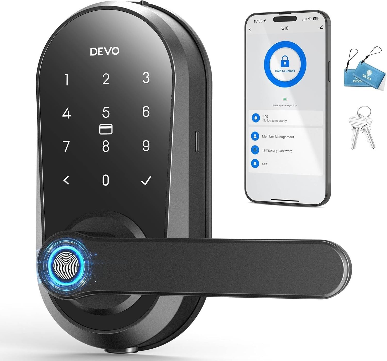 Devo Smart Door Lock with Handle for Front Door Smart Deadbolt Fingerprint Wi-Fi