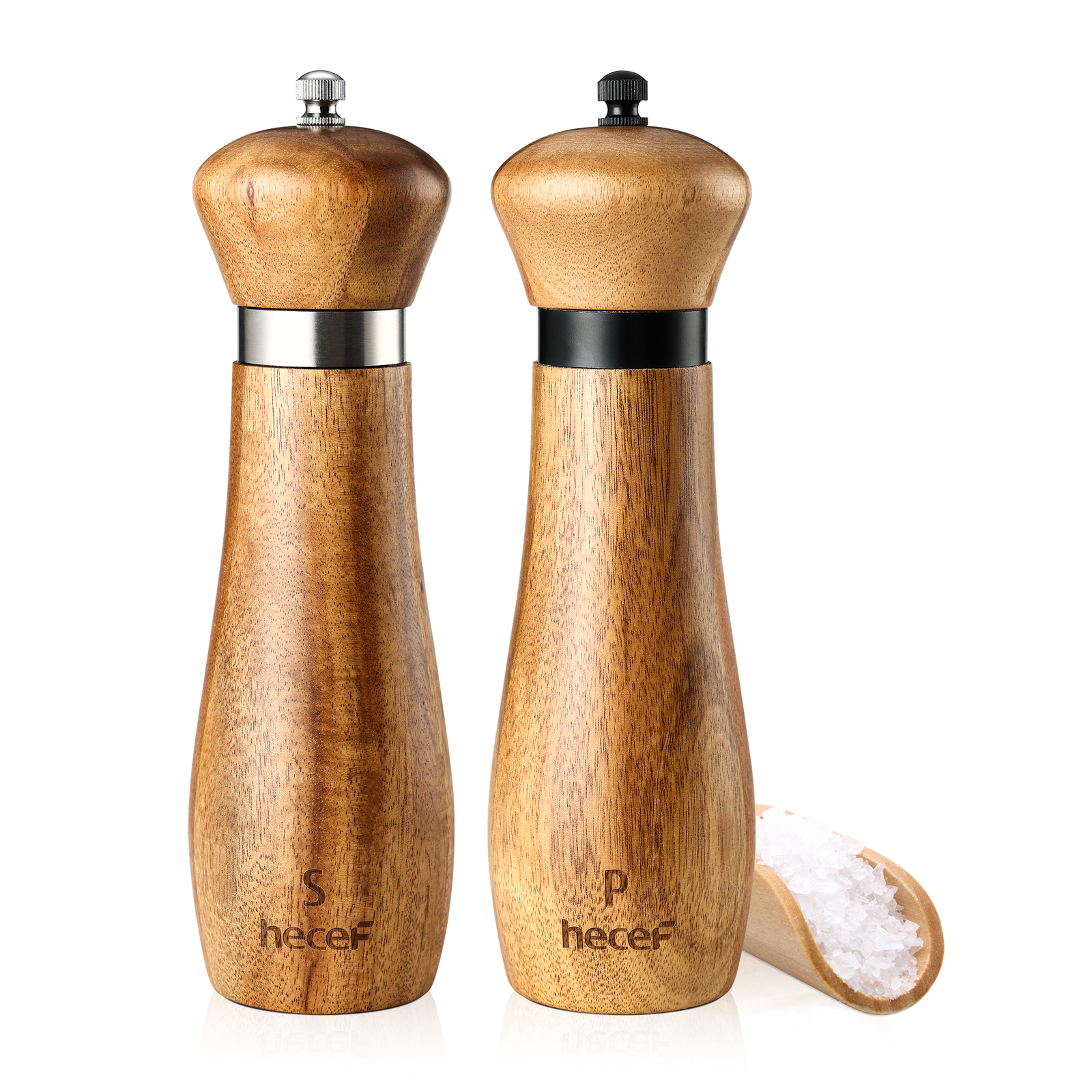 2Pcs Salt and Pepper Grinder Set Acacia Wood 21cm Adjustable Ceramic Spice Mill