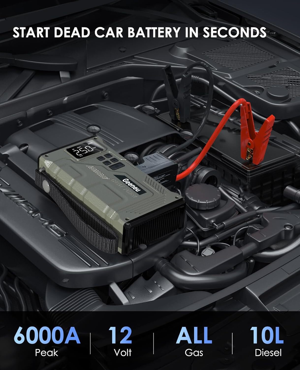 Jump Starter with Air Compressor, Portable 6000A Car Battery Jumper Starter 12V