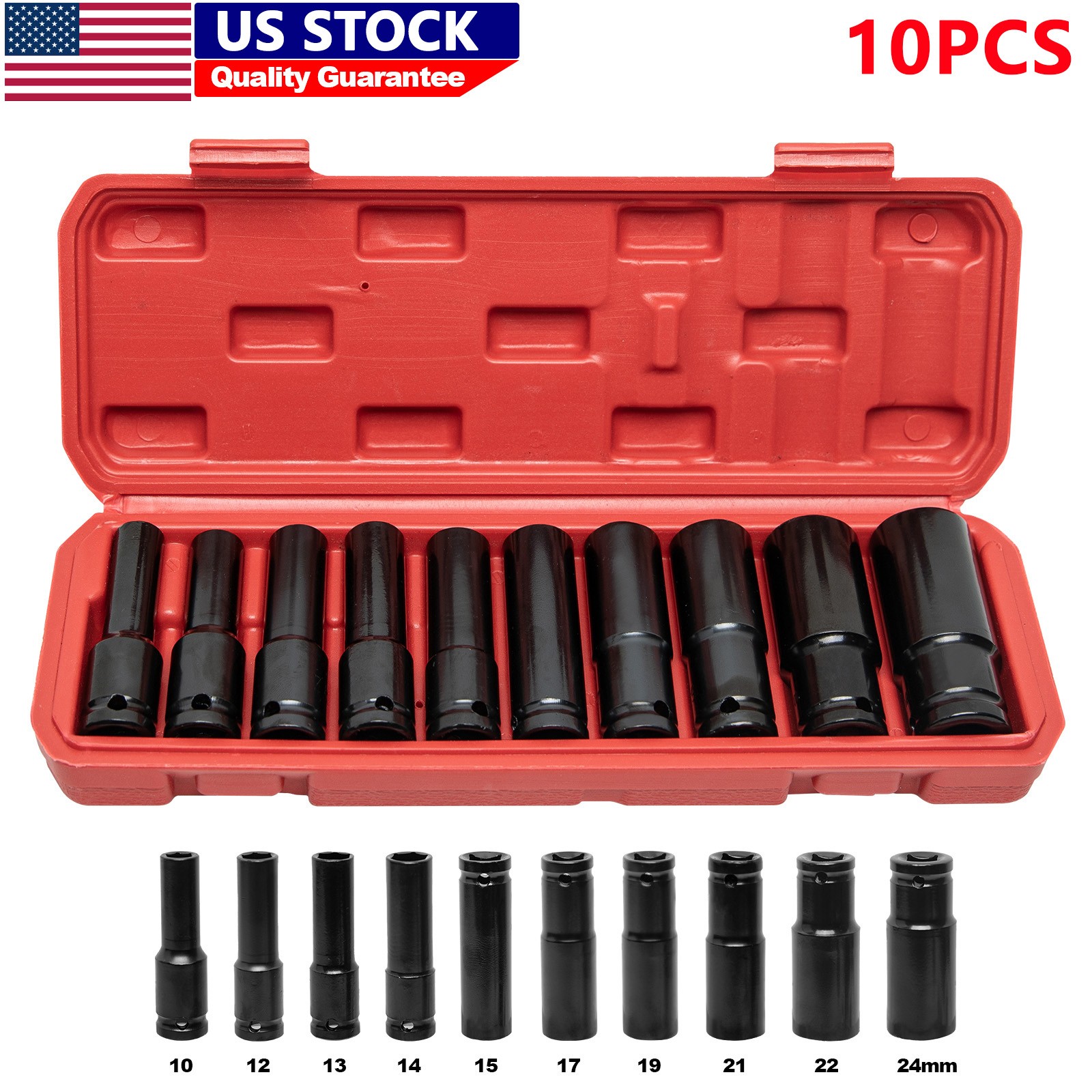 10pcs Metric Deep Impact Socket 1/2" Drive 10mm-24mm 6 Point Sockets w/ Case Set