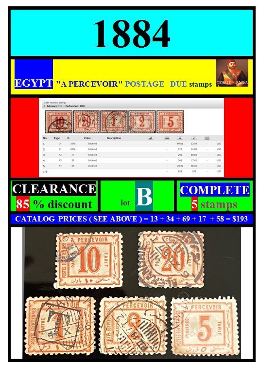 EGYPT-stamps-1884-set B-COMPLETE 5-POSTAGE DUE-CLEARANCE 85% discount