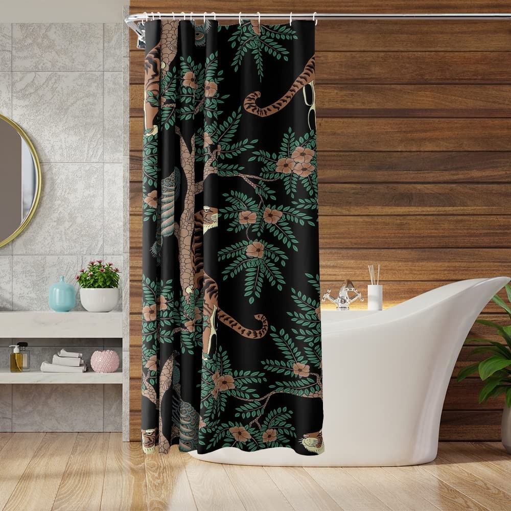 Retro Tiger and Peacock Shower Curtain Set Vintage Dark Green Plant Shower Cu...