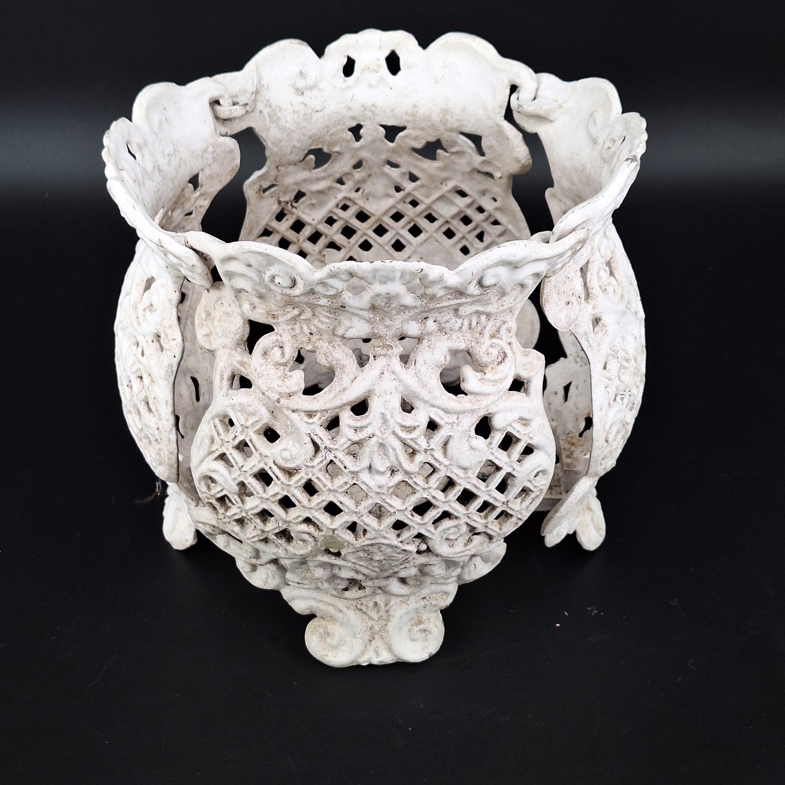 Antique Cast Iron Planter Holder Ornate Lattice White Garden Decor