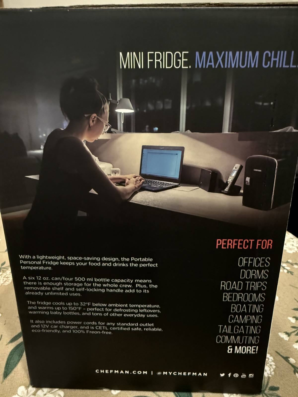 CHEFMAN Portable Black Personal Mini Fridge AC/DC Cools Or Heats