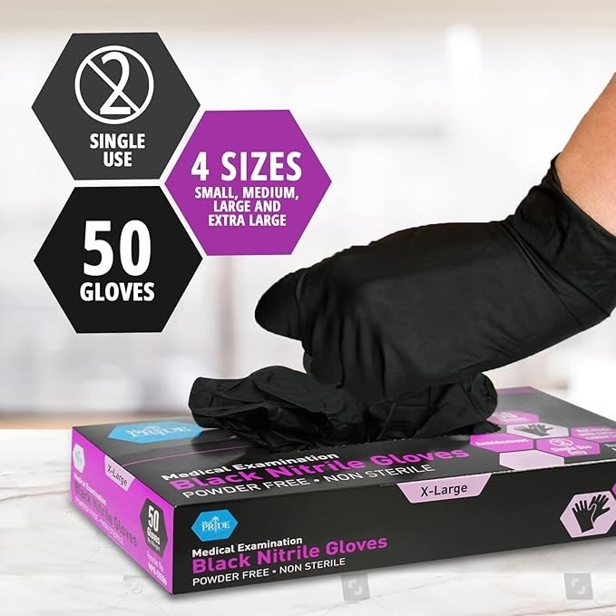 MED PRIDE Black Nitrile Exam Gloves 4 Mil Latex-Free Powder-Free Disposable 1000