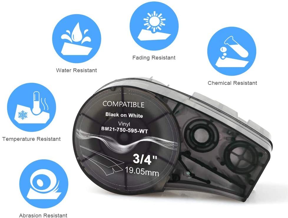 10PK For Brady BMP21 Label Cartridge M21-750-595-WT Black/White Vinyl 3/4" x21'