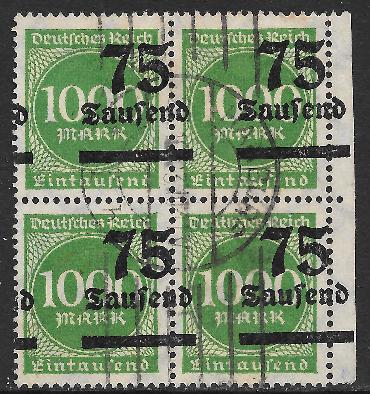 German Reich stamps 1923 MI 288 SHIFTED Ovpts Bloc of 4  CANC  VF
