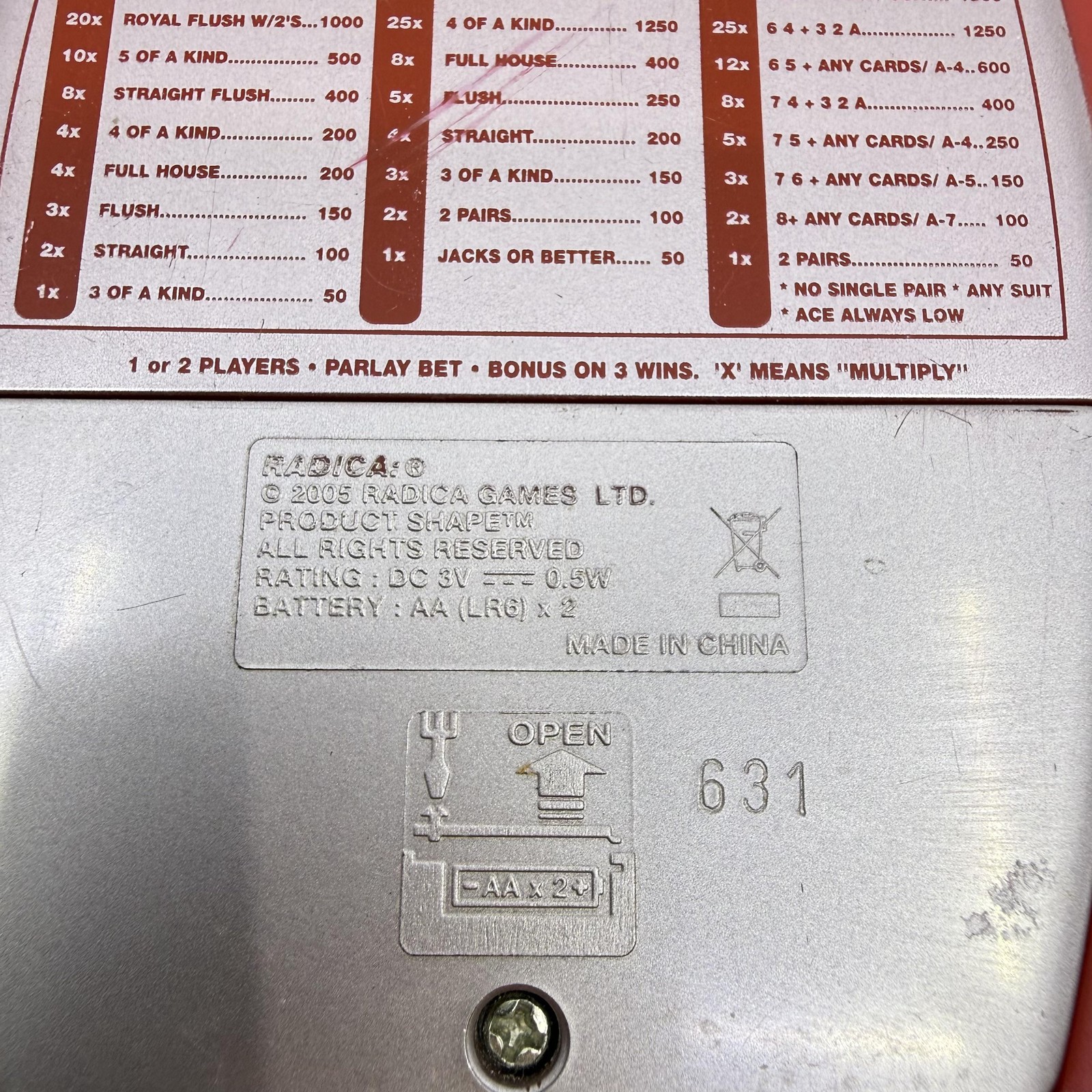 Radica Big Screen Poker Electronic Handheld Game Red Silver 2005 China